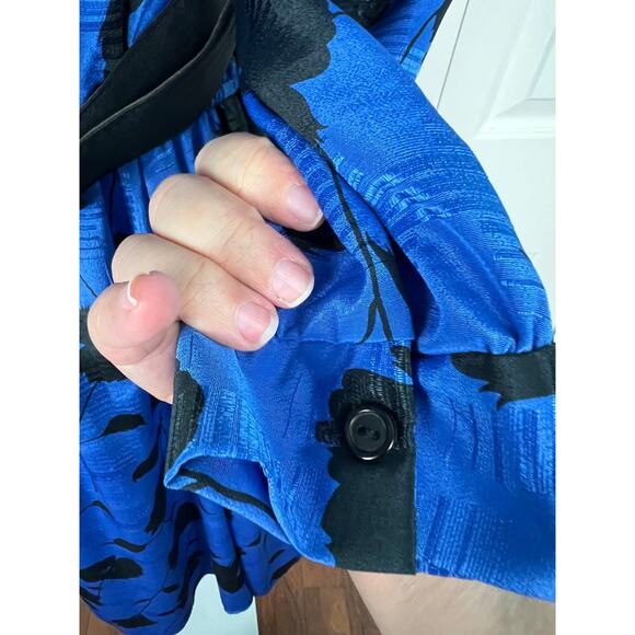 Vintage JJ Dean 90s Blue Black Floral Wide Collar Secretary Cocktail Dress Sz 8 - Picture 5 of 9